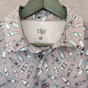 1764 Polo Shirt Mens M Gray w/Beer Bottles Turquoise Blue All Over Novelty Print